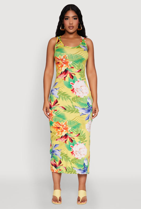 Tropical Floral Print Tank Maxi Dress
