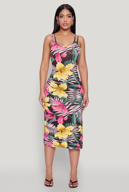 Tropical Floral Print Double Strap Cami Dress