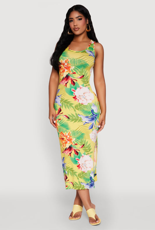 Tropical Floral Print Tank Maxi Dress
