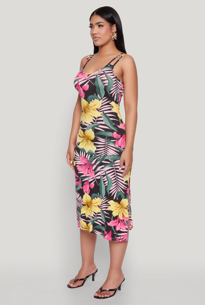 Tropical Floral Print Double Strap Cami Dress
