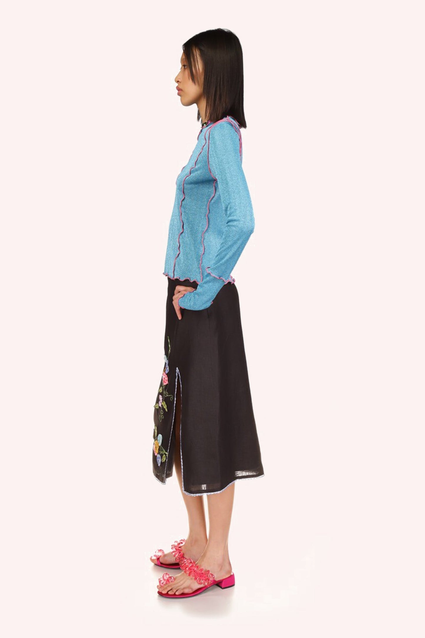 3-D Pansy Embroidered on Linen Skirt