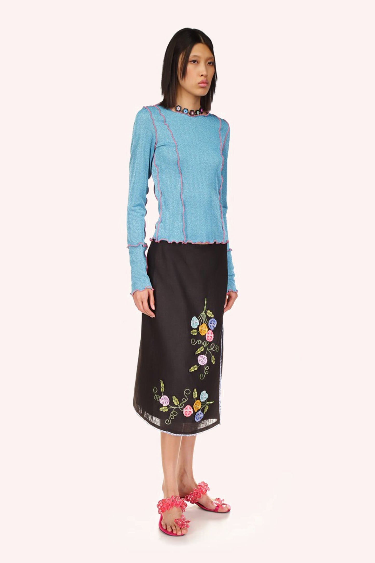 3-D Pansy Embroidered on Linen Skirt