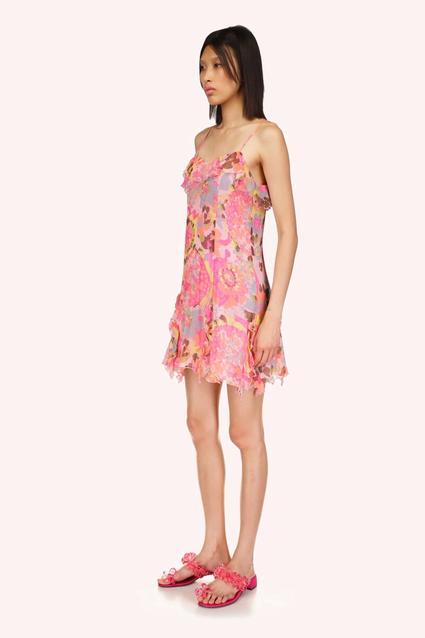 Dahlias Crinkle Chiffon Ruffle Mini Dress