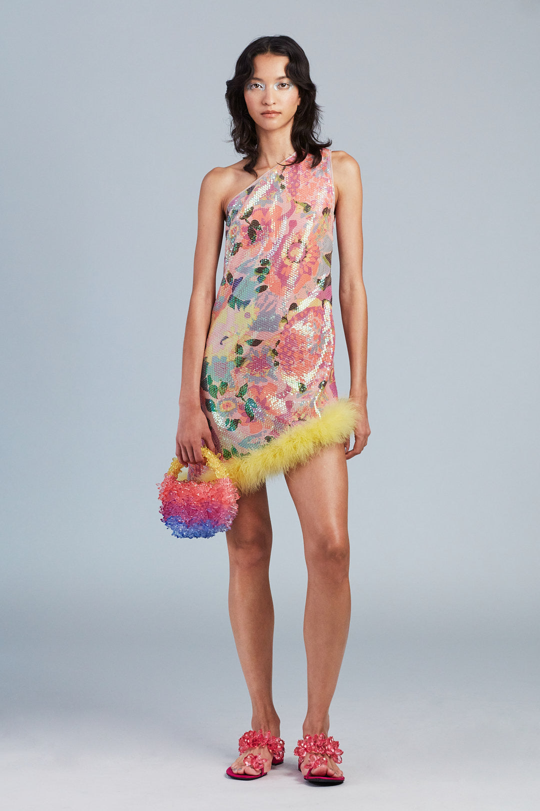 Dahlias Iridescent Sequin Asymmetrical Dress